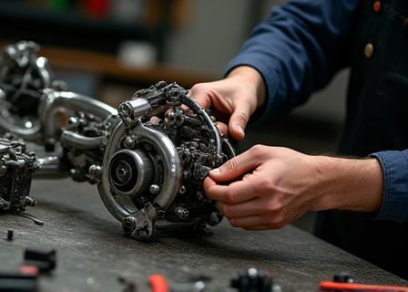 Meccanico che rimonta con precisione le parti di una moto d'epoca